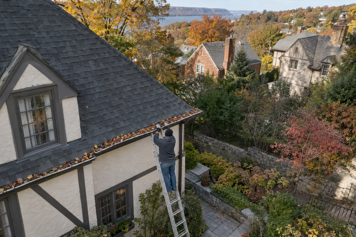 Aerial view of professional gutter cleaning on a Yonkers residential roof