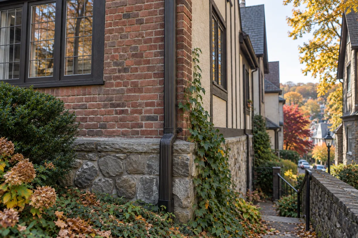Black aluminum downspout installed on a Yonkers residential property