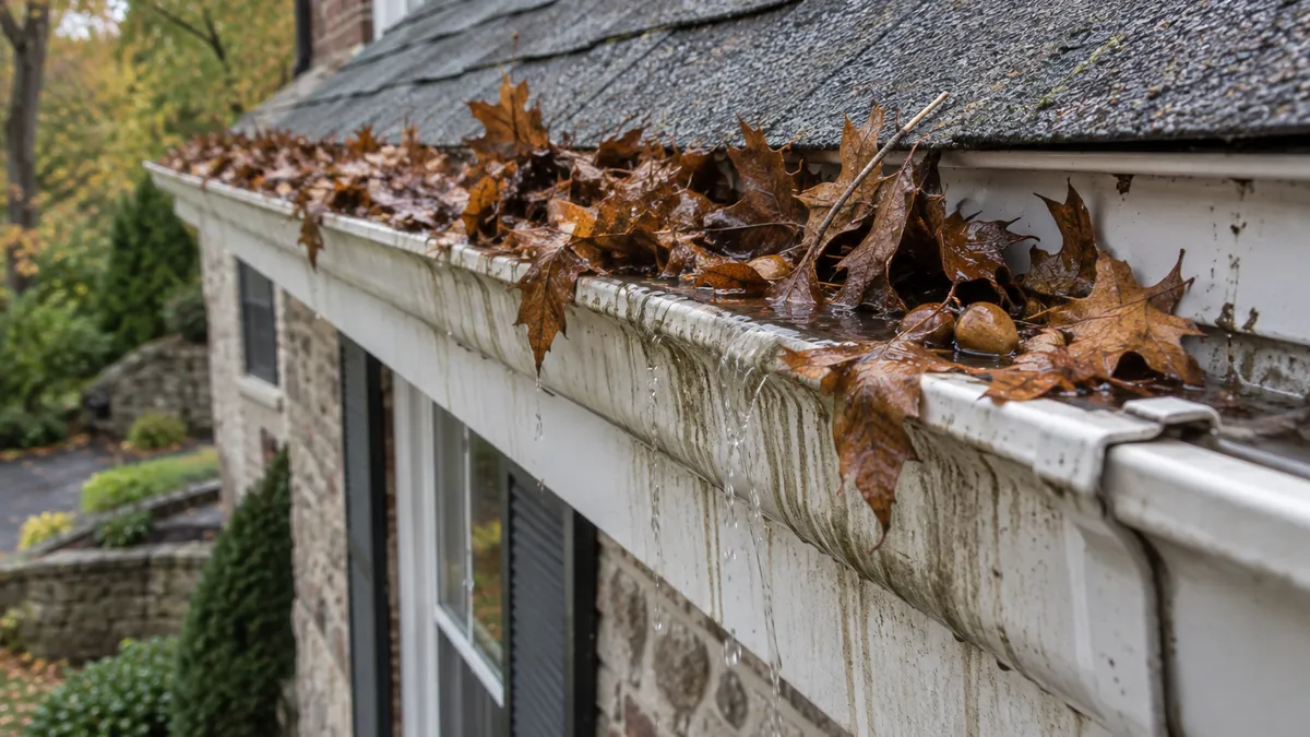 Leaves and debris being cleared from a clogged residential gutter
