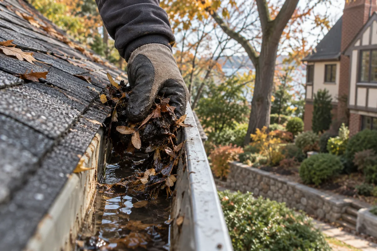 Close-up of debris removal during professional gutter cleaning