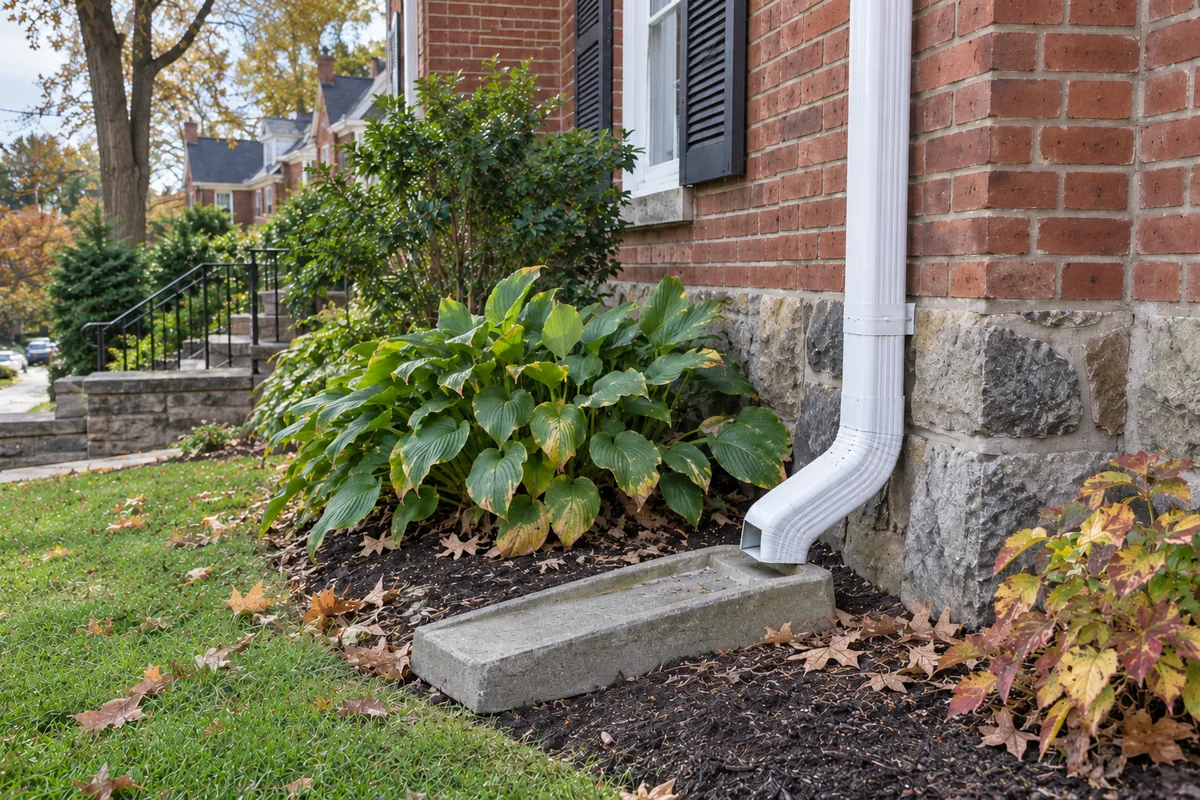 White downspout directing water away from a home foundation