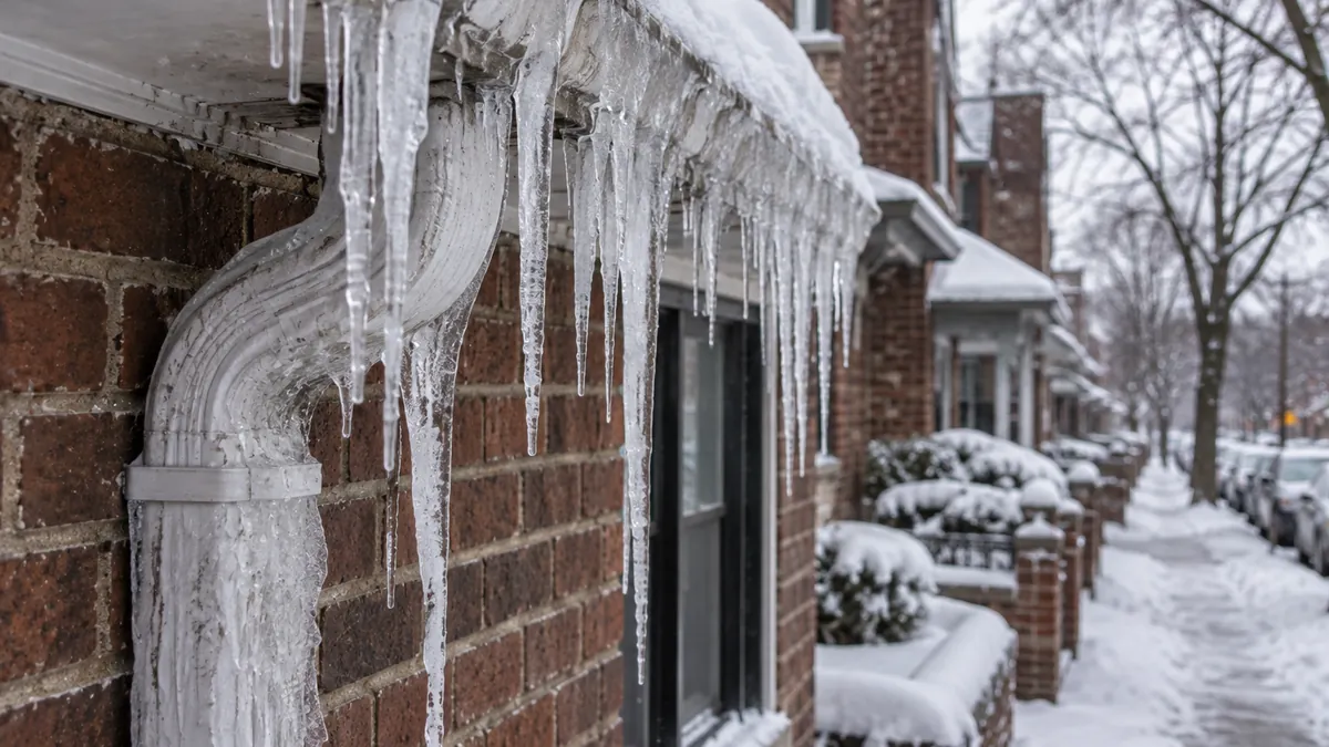 Frozen downspout showing ice damage common during Yonkers winters