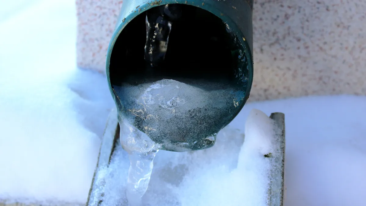 Frozen downspout showing ice damage common during Yonkers winters