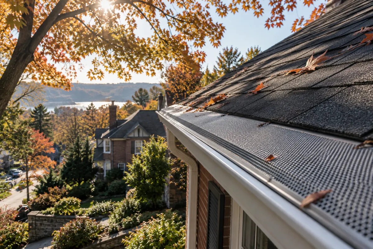 Gutter guard system catching sunlight on a Yonkers home roofline