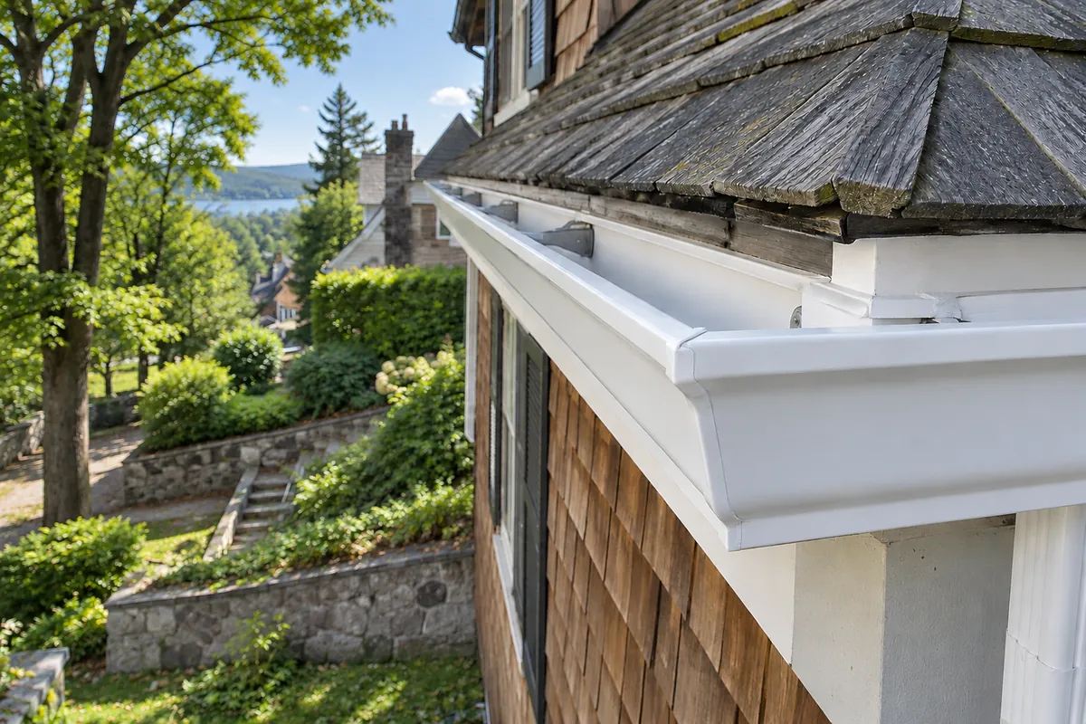 Close-up of professionally installed gutter system along home siding