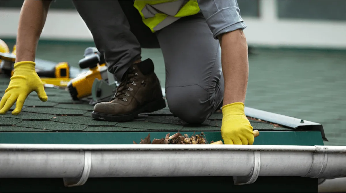 Leaves and debris being cleared from a clogged residential gutter