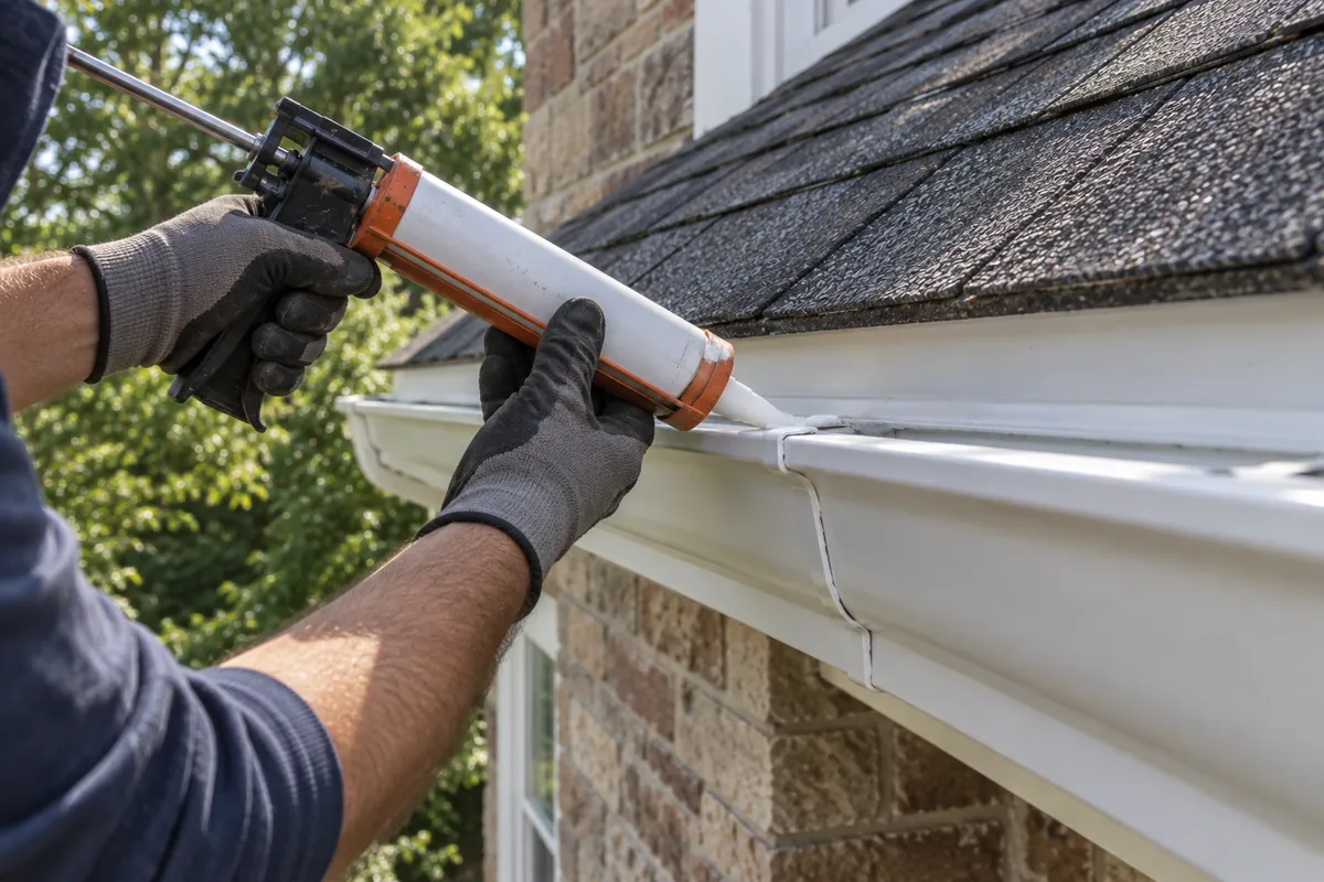 Technician performing hands-on gutter repair on a residential property