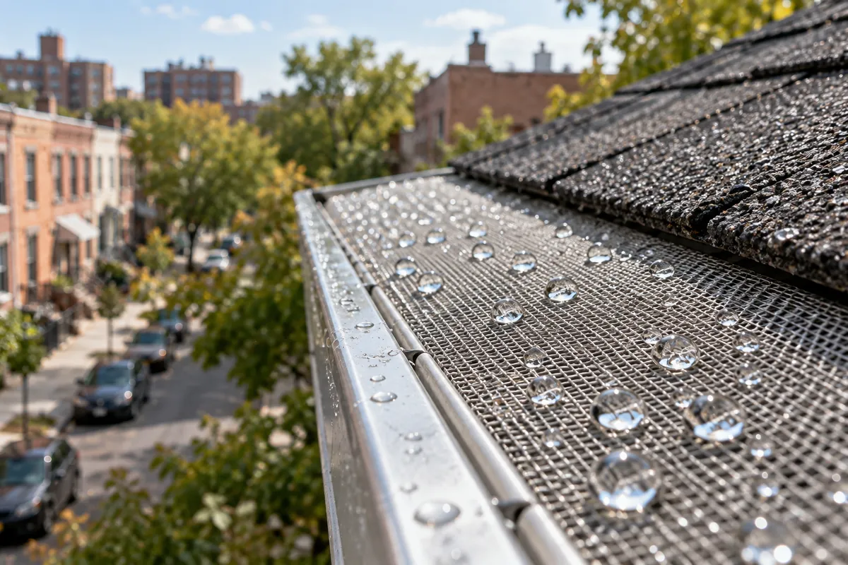 Close-up of micro-mesh gutter guard installed on a residential gutter system