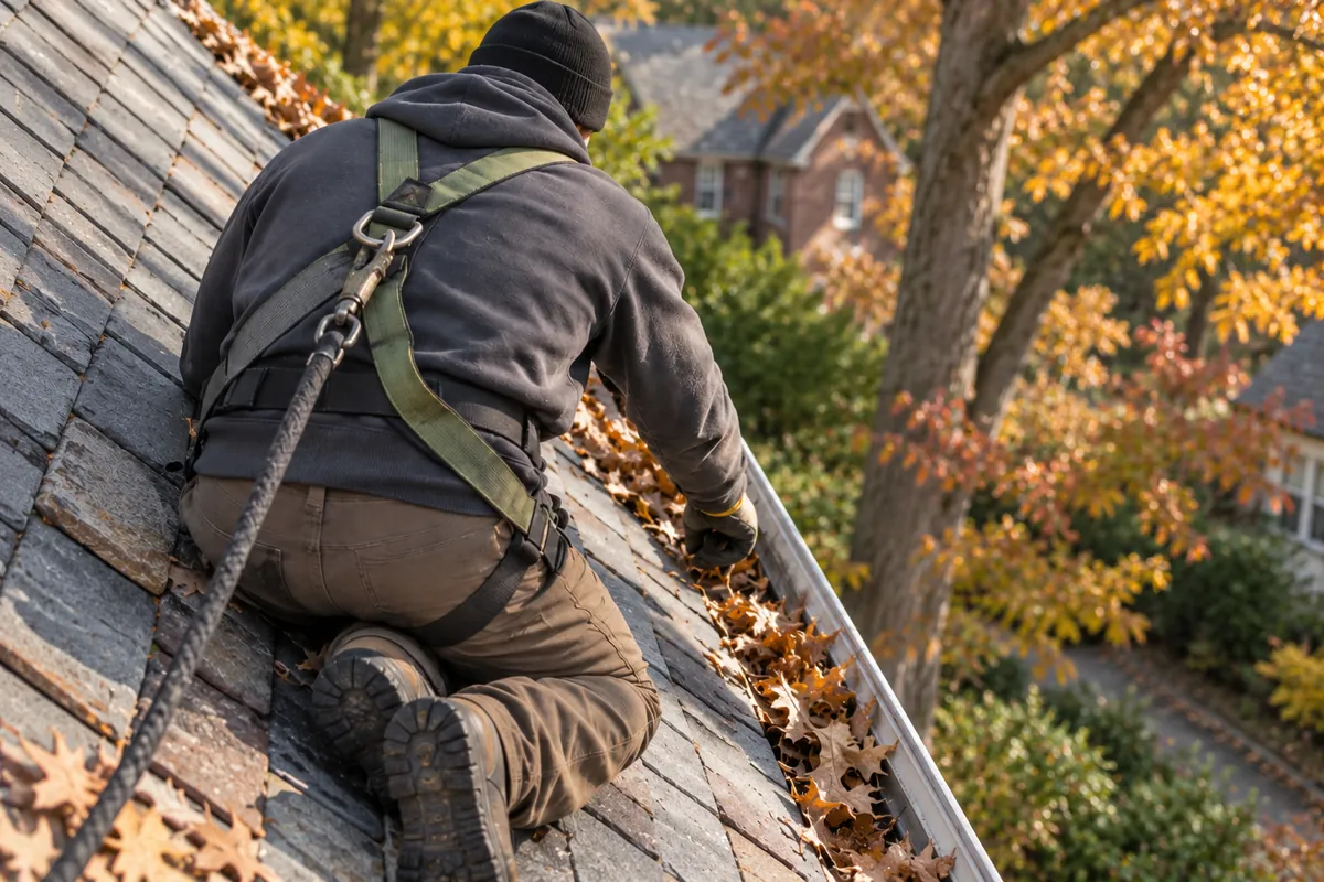 Professional gutter technician clearing debris from a residential roofline